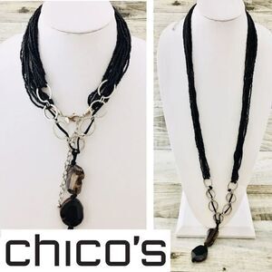 Stunning Chico’s chunky Seed Beads Gemstone Necklace Black Silver 4458